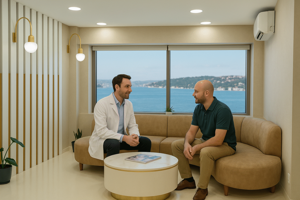 Hair transplant clinic specialist consulting a patient